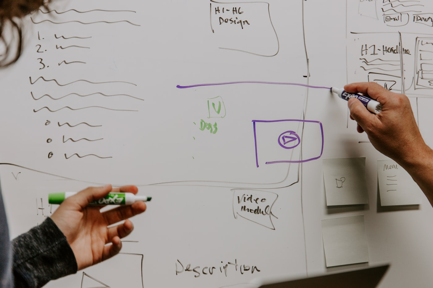 Hands sketching interface wireframes on a whiteboard